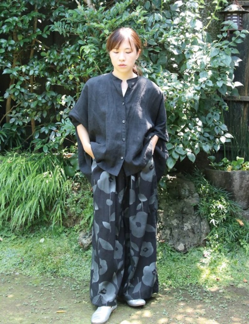 Flower print wide pants (black) - Women's Pants - Cotton & Hemp 