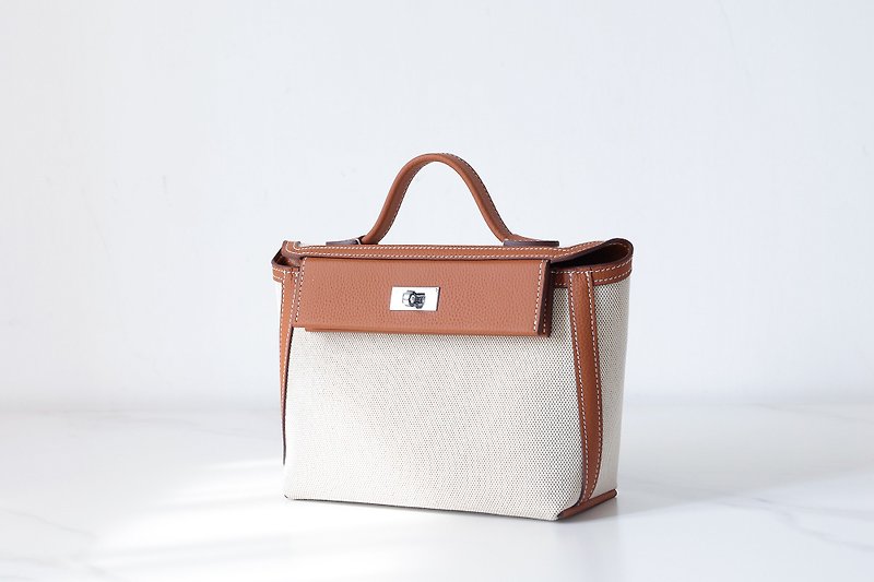 [Canvas and leather doctor bag] Kelly trendy women's bag handbag shoulder bag versatile crossbody bag Brown - Messenger Bags & Sling Bags - Genuine Leather Orange