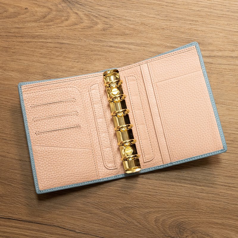 A7 6-hole buckleless genuine leather loose-leaf notebook | notebook | universal manual - pink blue x cherry pink - สมุดบันทึก/สมุดปฏิทิน - หนังแท้ สึชมพู