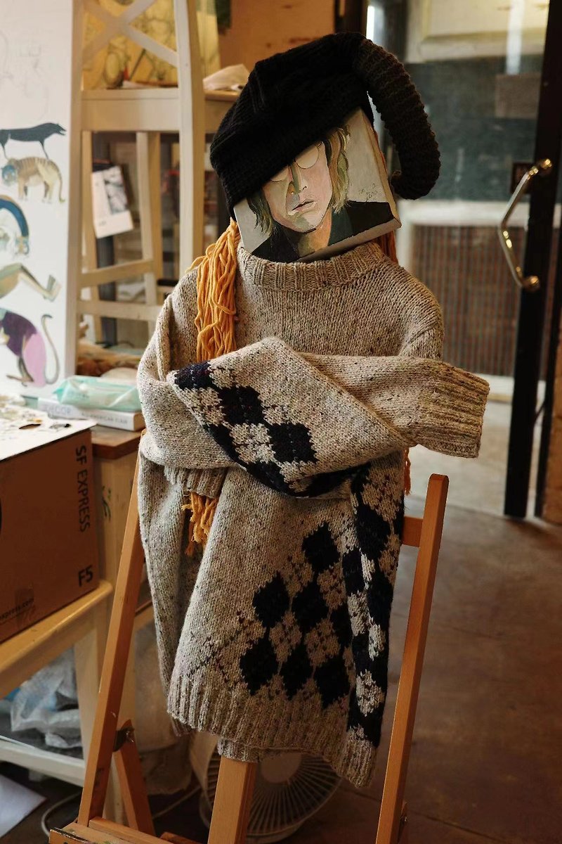 手編みのアーガイルチェックセーター - ニット・セーター - ウール 多色