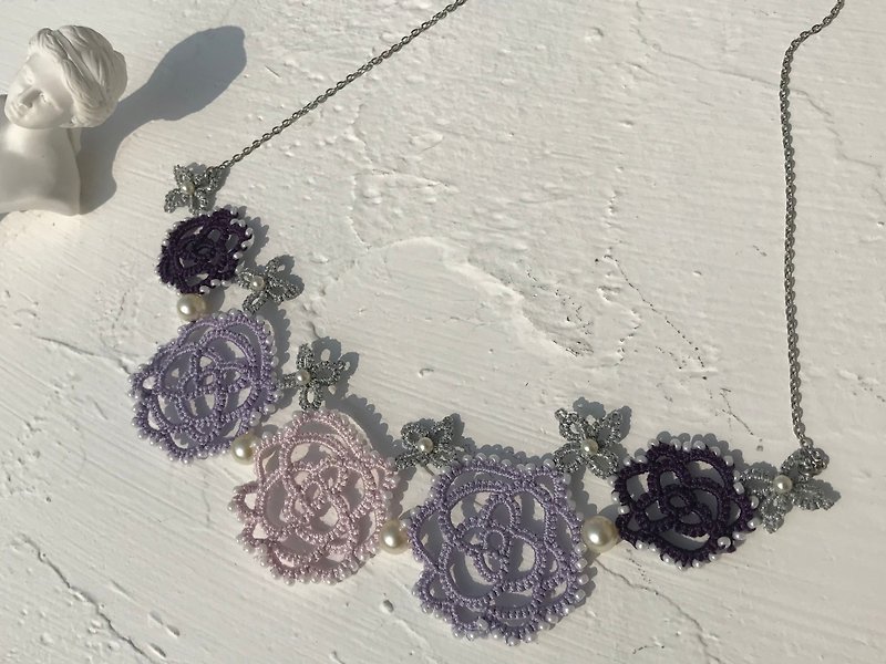 tatted rose necklace (purple) / gift / Swarovski crystal pearl / customize - Necklaces - Cotton & Hemp Purple