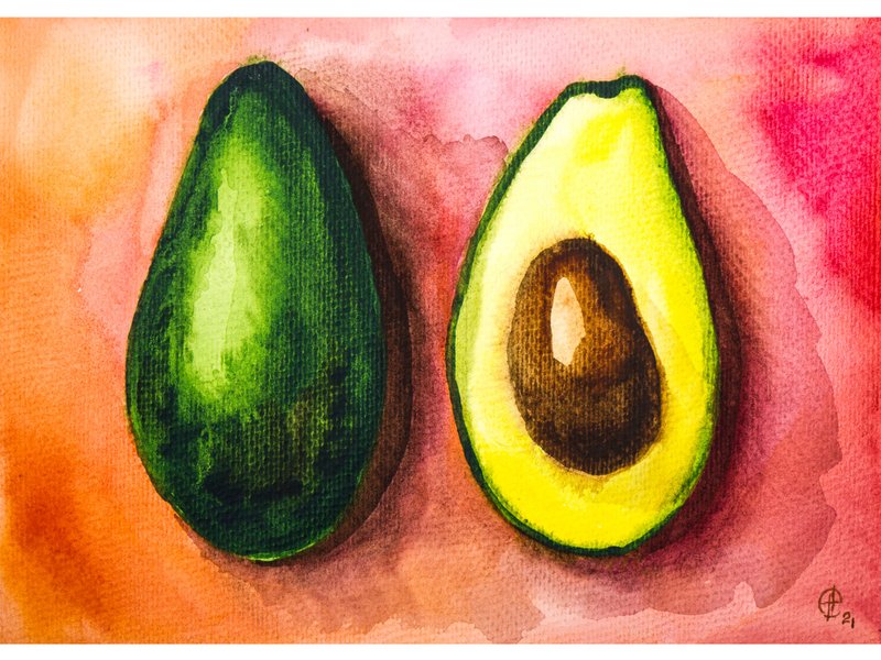 Avocado Painting Kitchen Food Still Life Original Art Fruit Watercolor Painting - 海報/掛畫/掛布 - 紙 綠色