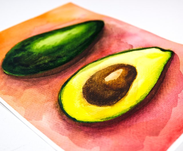アボカド絵画キッチンフード静物オリジナルアートフルーツ水彩画