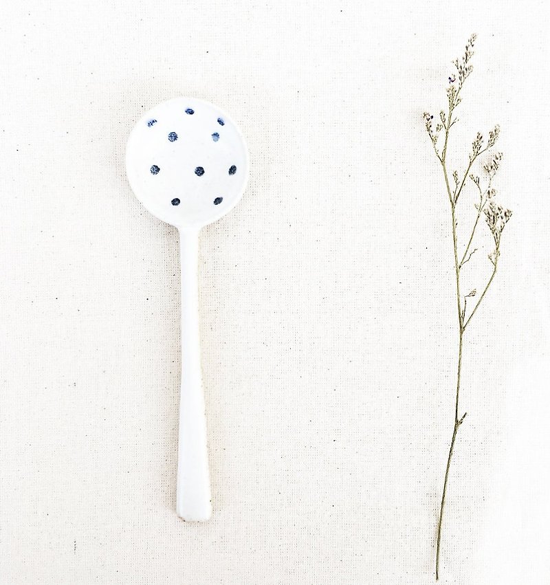 Handmade Ceramic Short Spoon - Polka Dots - Cutlery & Flatware - Pottery White