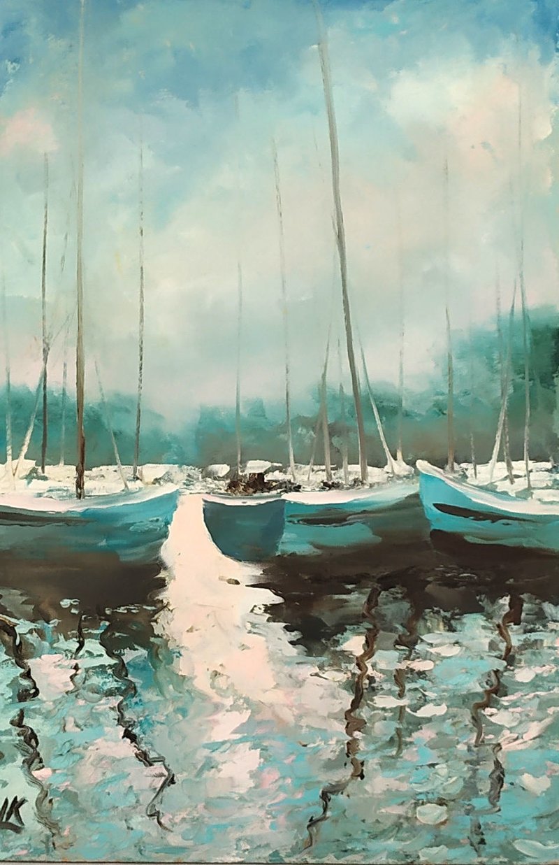 Sailing Yachts in Harbor Original Painting Marina Art Sailing Art Yachting Art - โปสเตอร์ - ผ้าฝ้าย/ผ้าลินิน 