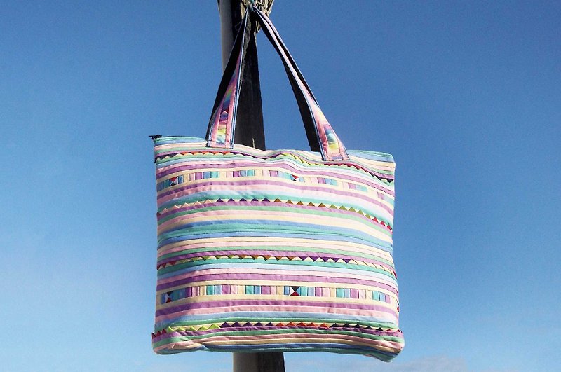 New Year’s Gift Creative Gift Lover Gift Mother’s Day Limited One Design Handmade Cotton Side Backpack/ Patchwork Side Backpack/ Travel Side Backpack/ Ethnic Wind Bag/ Camera Bag-Colorful Rainbow World Rainbow Horizontal Stripes - Messenger Bags & Sling Bags - Cotton & Hemp Multicolor