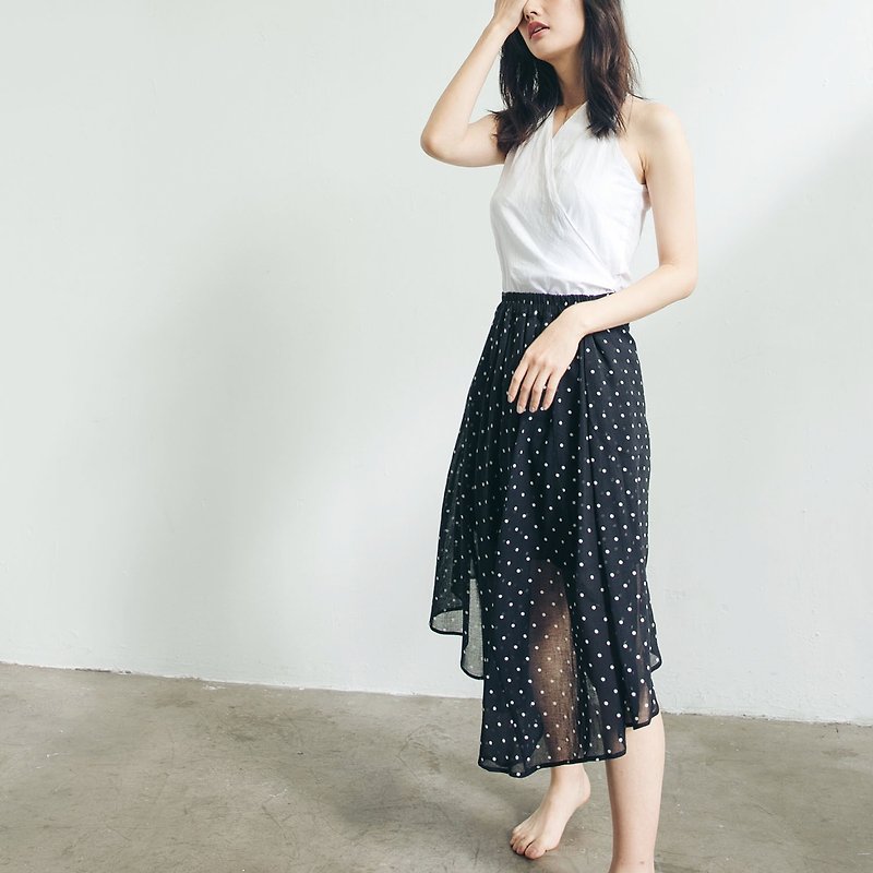 Lined asymmetric midi skirt - Dots - กระโปรง - ผ้าฝ้าย/ผ้าลินิน สีดำ