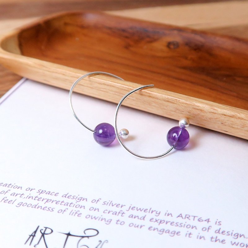 Amethyst Crescent Earrings (Large) - 925 Sterling Silver Natural Stone Ear Pins - ต่างหู - เงินแท้ สีเงิน