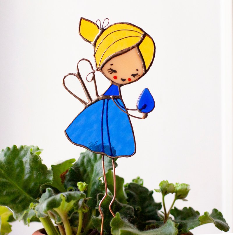 Flower fairy. Stained Glass decoration for plants pots. The Suncatcher - 盆栽/植栽 - 玻璃 藍色