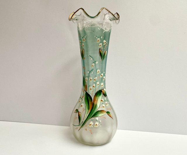 ガラス製 一輪挿し ユリ ブルー  工芸硝子 硝子花瓶 【1904】 アンティーク エナメル & ガラス ユリの花瓶 20 世紀初頭の