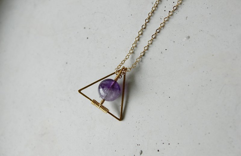 Myth Triangle brass necklace Amethyst February Birthstone - Necklaces - Gemstone Purple