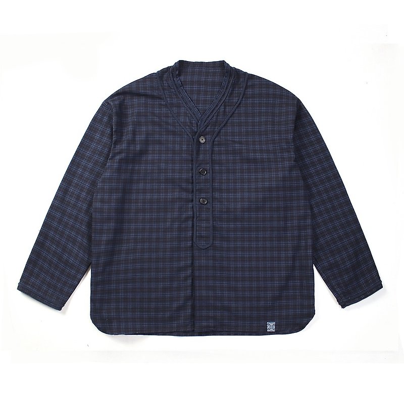 Retro Japanese drape dark plaid shirt - เสื้อเชิ้ตผู้ชาย - วัสดุอื่นๆ สีน้ำเงิน