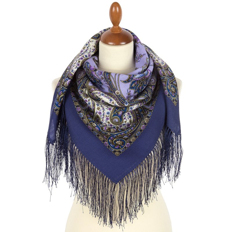 Authentic Pavlovo Posad Russian Shawl Scarf Soft 100% Wool 89x89 cm 2046-1 - 絲巾 - 羊毛 藍色