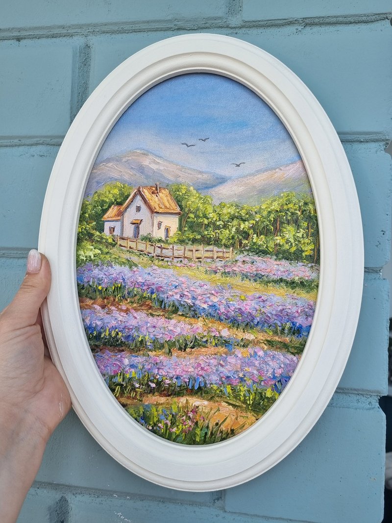 Lavender Landscape original painting oil painting Flower Artwork - 壁貼/牆壁裝飾 - 棉．麻 