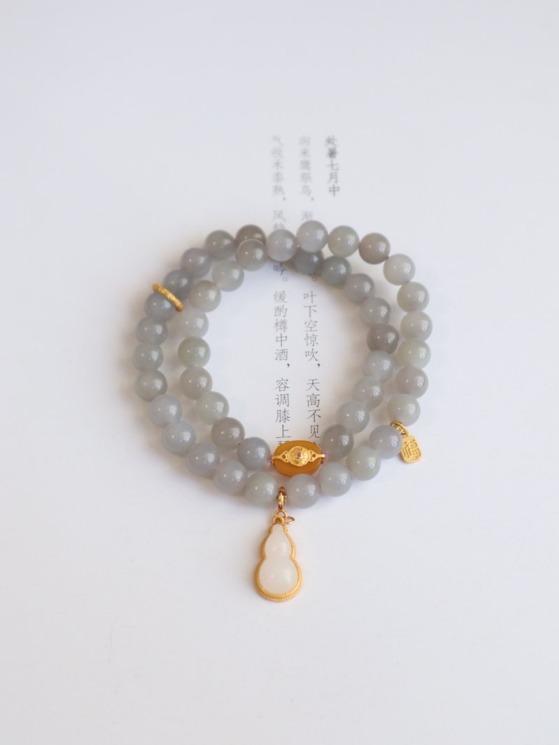 天然和田玉 /和闐玉-煙紫玉 銀鑲蜜蠟和田玉葫蘆設計雙圈手串fs - 手鍊/手環 - 寶石 紫色