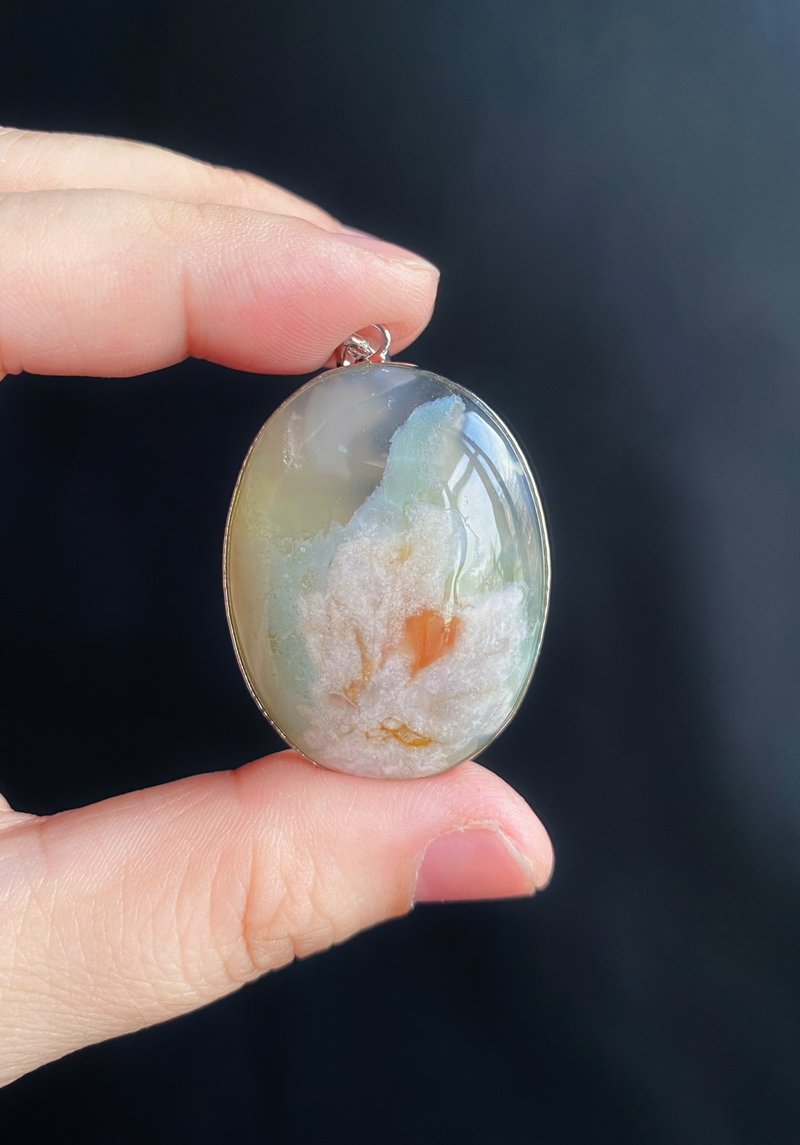 【售出】夏日櫻花瑪瑙 菜園子綠 白花帶紅心 S925銀鑲 天然石 禮 - 項鍊 - 水晶 綠色