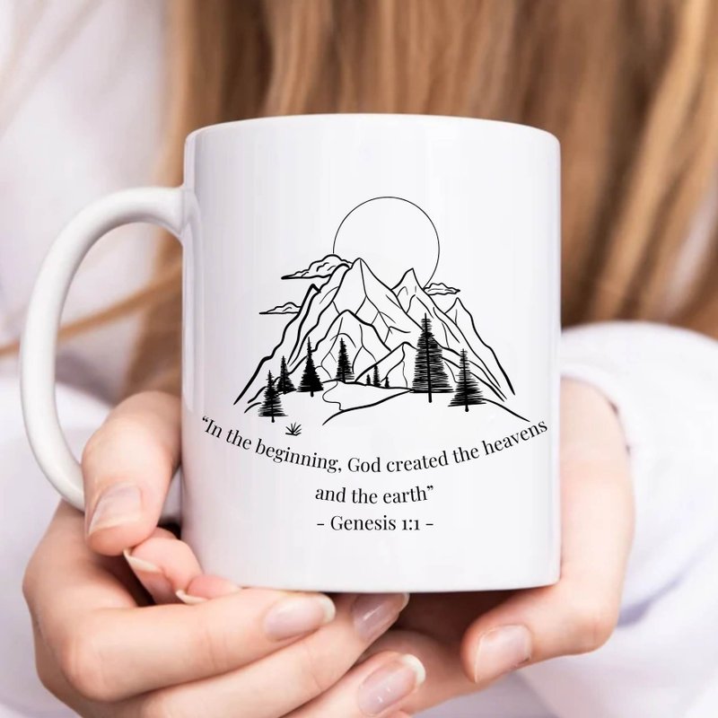 God Created the Heaven and Earth Genesis 1:1 Genesis1:1 Bible Verses Mug - แก้วมัค/แก้วกาแฟ - ผ้าฝ้าย/ผ้าลินิน ขาว