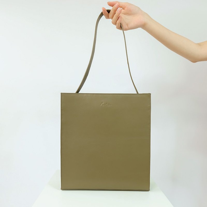 'MARS' MEDIUM, classic leather tote in Dark Olive - Handbags & Totes - Genuine Leather Khaki