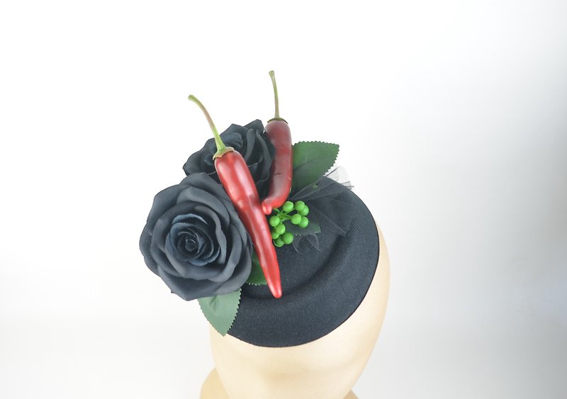 Headpiece Headband Statement Black Roses and Deep Red Chillies Burlesque Pin U - 髮夾/髮飾 - 其他材質 黑色