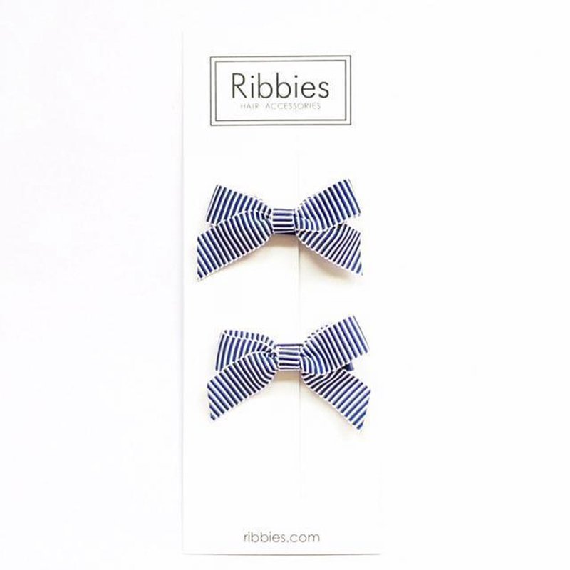 英國Ribbies 經典蝴蝶結2入組-藍白細條紋 - 髮夾/髮圈 - 聚酯纖維 
