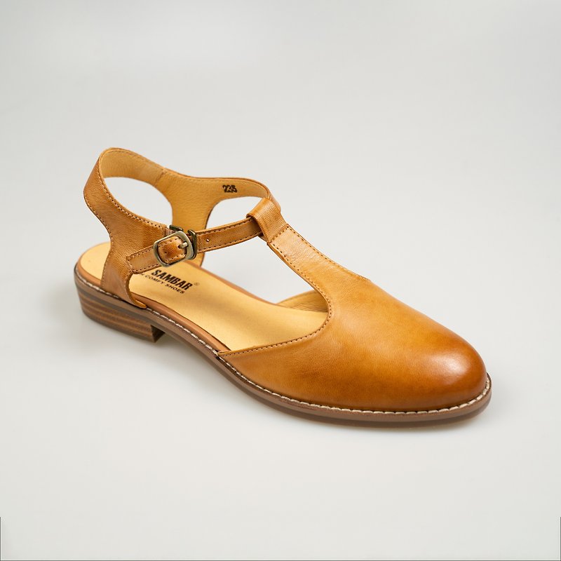 T型瑪莉珍後帶涼鞋女鞋/黃棕/239C楦 - 涼鞋 - 真皮 咖啡色