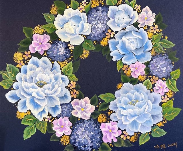 バロック庭園の祝福の花冠オリジナル手描き壁掛け絵画 木製