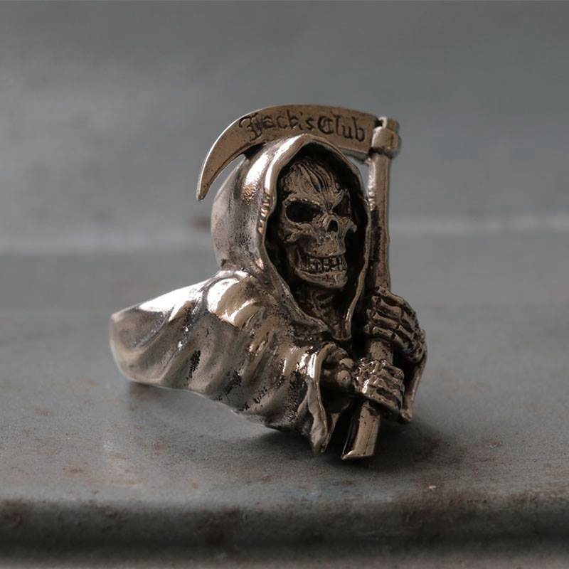 Biker Ring silver skull grim reaper Death scythe bone Statue Skeleton Halloween - General Rings - Sterling Silver Silver