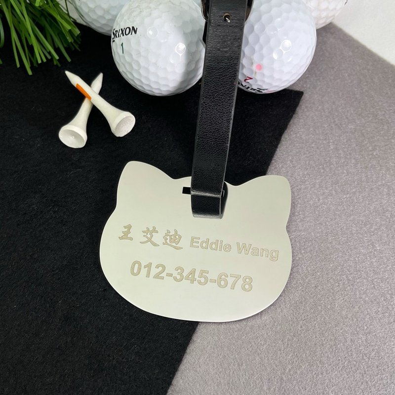 【FulgorJewel】Customized golf bag name tag with cat shape and free one-sided engraving - Luggage Tags - Stainless Steel Silver