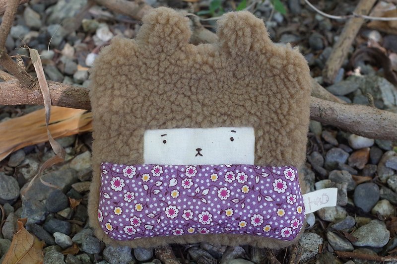 Duo rabbit rabbit purse - coffee hair -101 purple flowers - กระเป๋าใส่เหรียญ - ผ้าฝ้าย/ผ้าลินิน สีนำ้ตาล