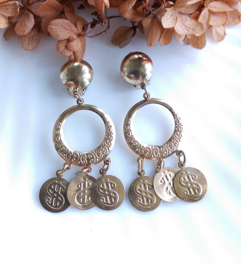 Vintage Jewelry 西洋古董飾品 錢幣符號 搖曳 垂墜 夾式耳環 - 耳環/耳夾/耳骨夾 - 其他金屬 金色