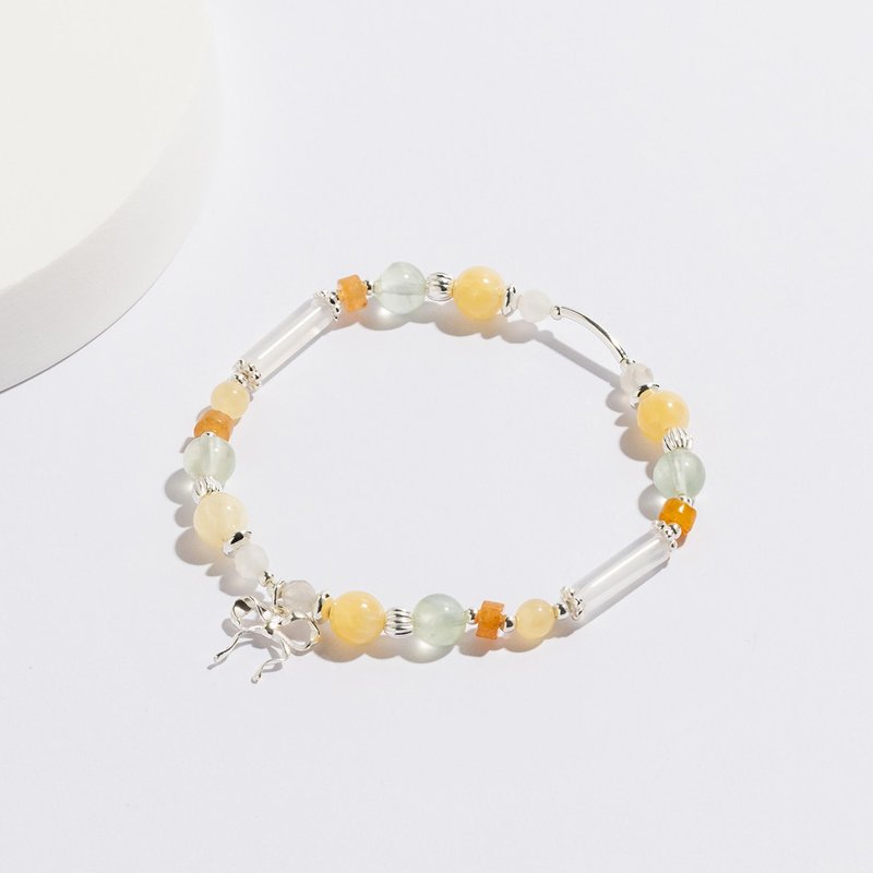 Romantic Girl | Beige Jade Stone S925 Sterling Silver | Bow Crystal Bracelet - สร้อยข้อมือ - คริสตัล สีเหลือง