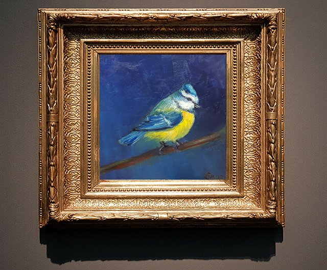 アオガラ絵画チカディーオリジナルアート鳥油絵森動物6x6