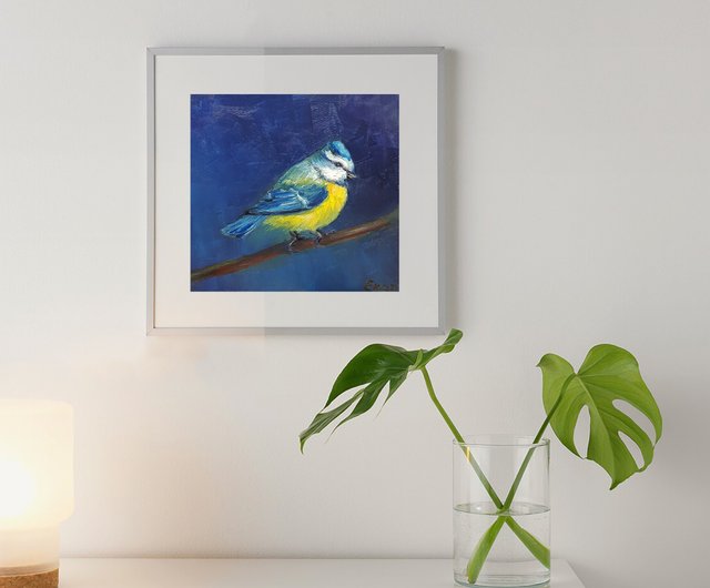 アオガラ絵画チカディーオリジナルアート鳥油絵森動物6x6