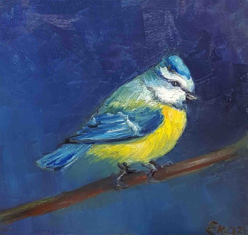 アオガラ絵画チカディーオリジナルアート鳥油絵森動物6x6