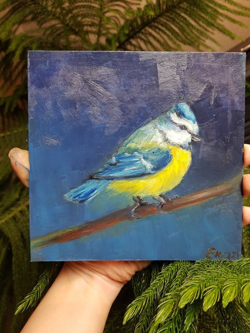 アオガラ絵画チカディーオリジナルアート鳥油絵森動物6x6