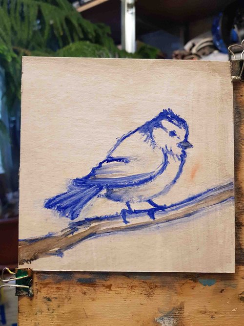 アオガラ絵画チカディーオリジナルアート鳥油絵森動物6x6