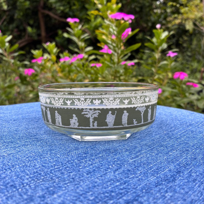 Vintage 60s Jeanette Grecian Hellenic Glass Bowl Sage Green & White Mid Century - 擺飾/家飾品 - 玻璃 綠色