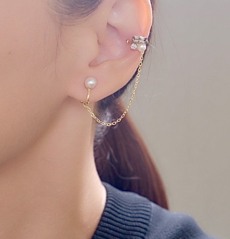 Bijou x freshwater pearl ear cuff set - ต่างหู - โลหะ ขาว