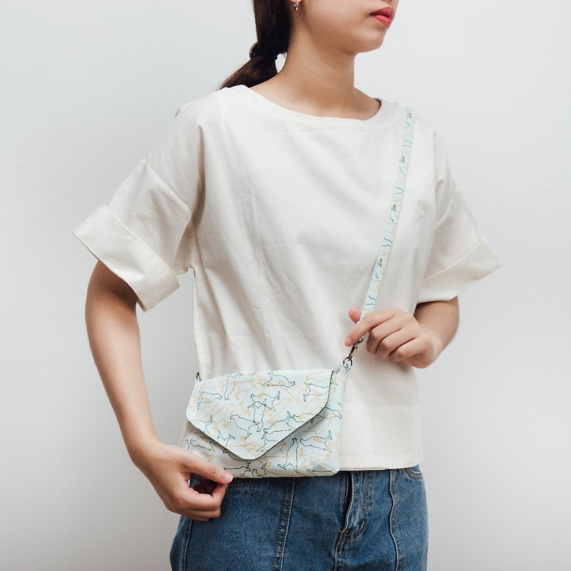Envelope Clutch with Long Strap / Crested Myna / Day Blue - Messenger Bags & Sling Bags - Cotton & Hemp White
