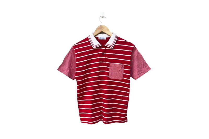 80s Red and White Striped Jantzen Woman Collared Polo Shirt short sleeve top - Women's Shirts - Cotton & Hemp Red