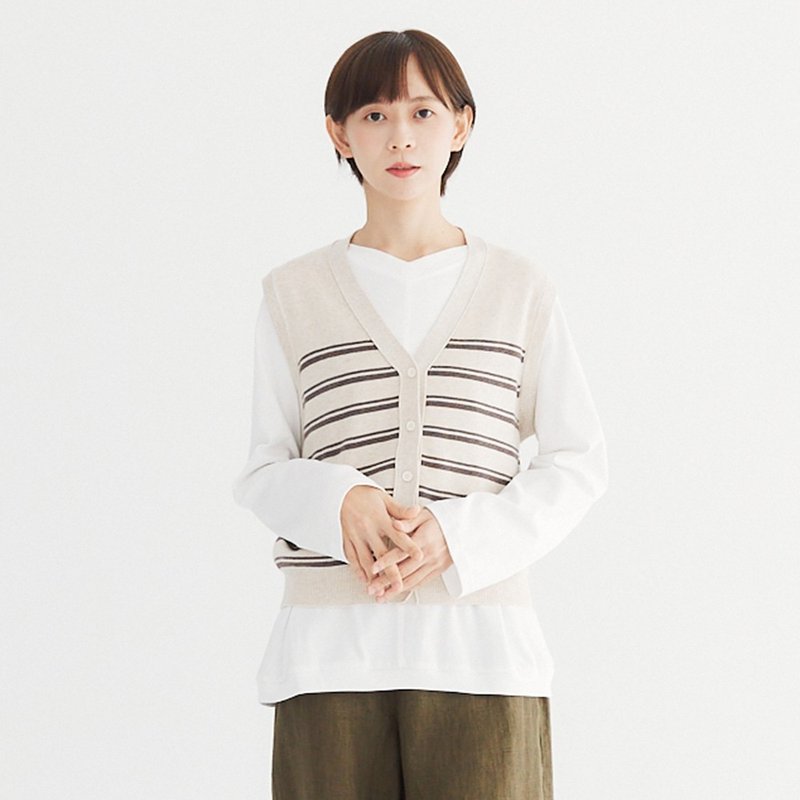 [Simply Yours] Temperamental V-neck horizontal stripe cardigan vest Linen F - Women's Vests - Cotton & Hemp White