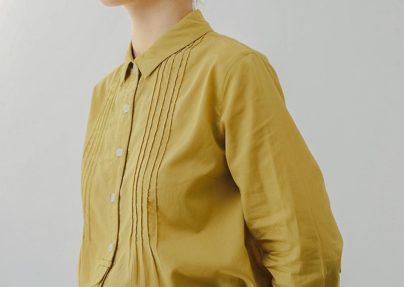 法式復古 少女文藝褶襉裝飾 七分袖襯衫 - 恤衫 - 棉．麻 黃色