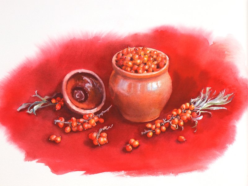 Sea buckthorn in a pot original watercolor painting by artist Irina Zhunaeva