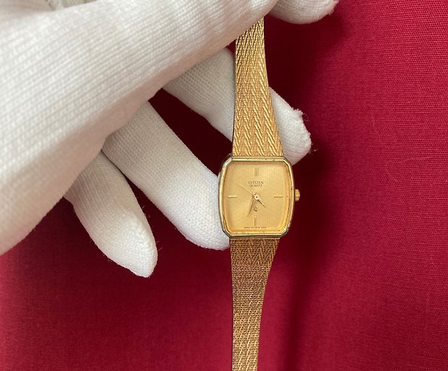 シチズン八角形のトノー型ゴールドケース、立体模様の文字盤、織り模様、手作りストラップ、アンティーク時計 - ショップ 1j-studio 腕時計 -  Pinkoi