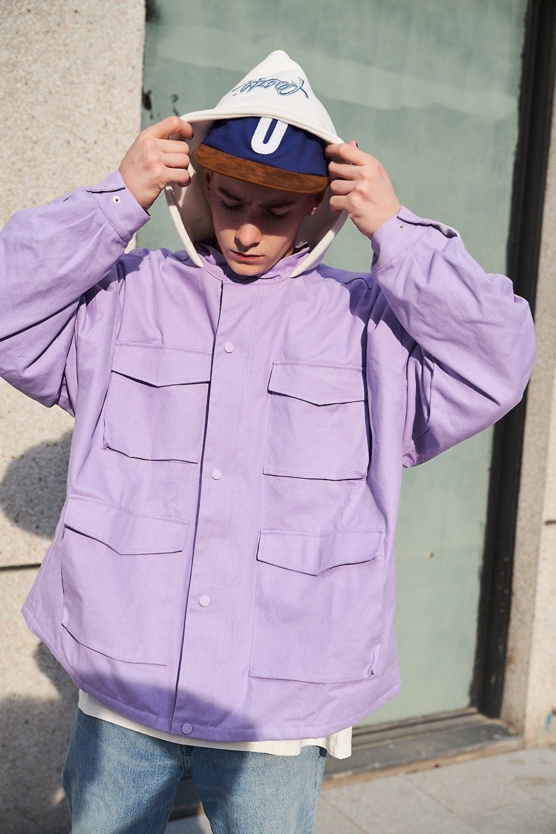 Taro purple multi-pocket tooling motorcycle jacket Oversize hooded loose unisex jacket
