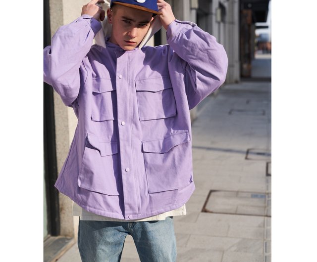 Taro purple multi-pocket tooling motorcycle jacket Oversize hooded