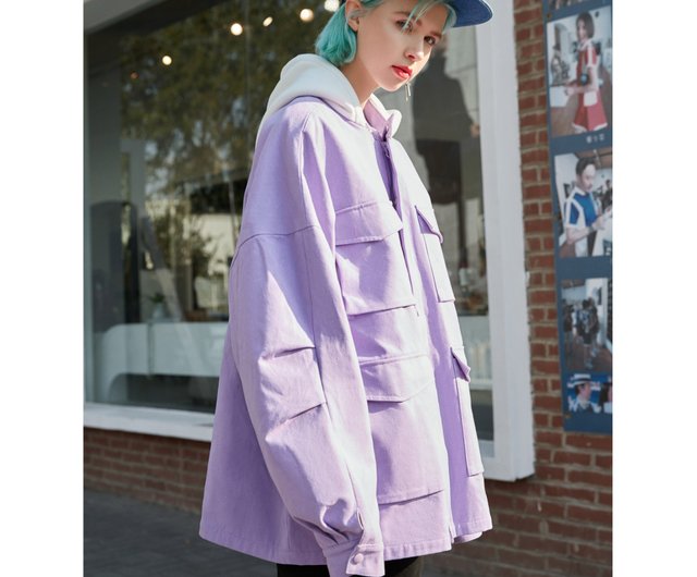 Taro purple multi-pocket tooling motorcycle jacket Oversize hooded