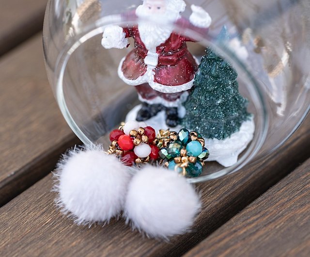 Two-color Christmas pom-poms - crystal beaded earrings (medical
