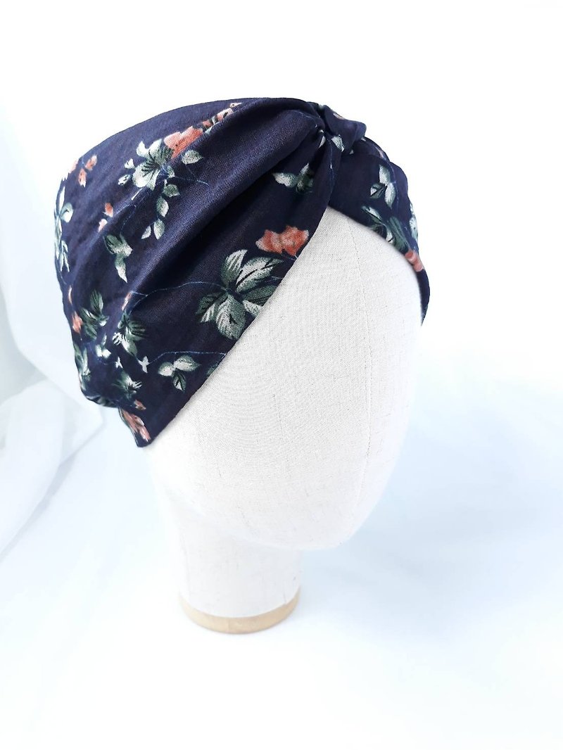 深藍桔色花紋頭巾領巾式手工寬髮帶 - 髮帶/頭箍 - 棉．麻 藍色
