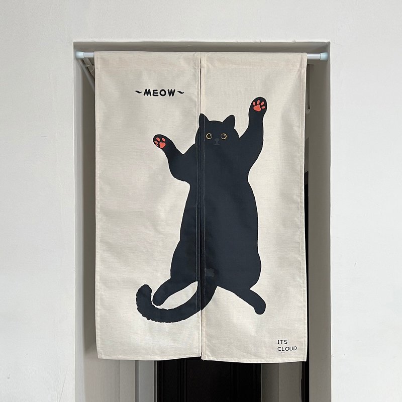 Cat curtain hand-painted illustration door curtain fabric is great and comes with hanging rod - ม่านและป้ายประตู - ผ้าฝ้าย/ผ้าลินิน ขาว